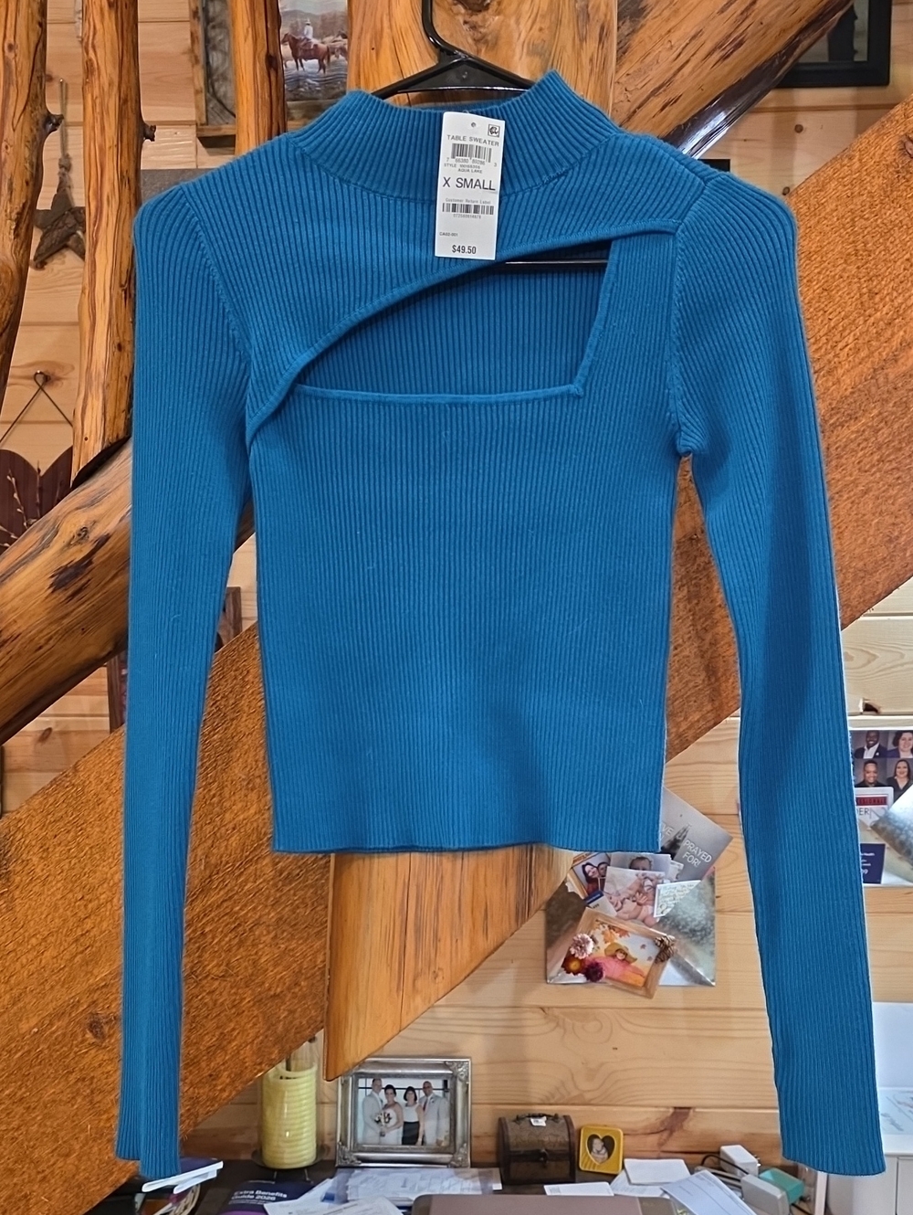 Girls' Teal Ribbed Long-Sleeve Top with Cutout Detail